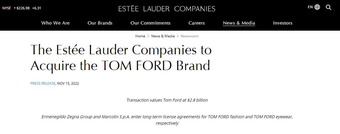 雅诗兰黛官宣收购Tom Ford